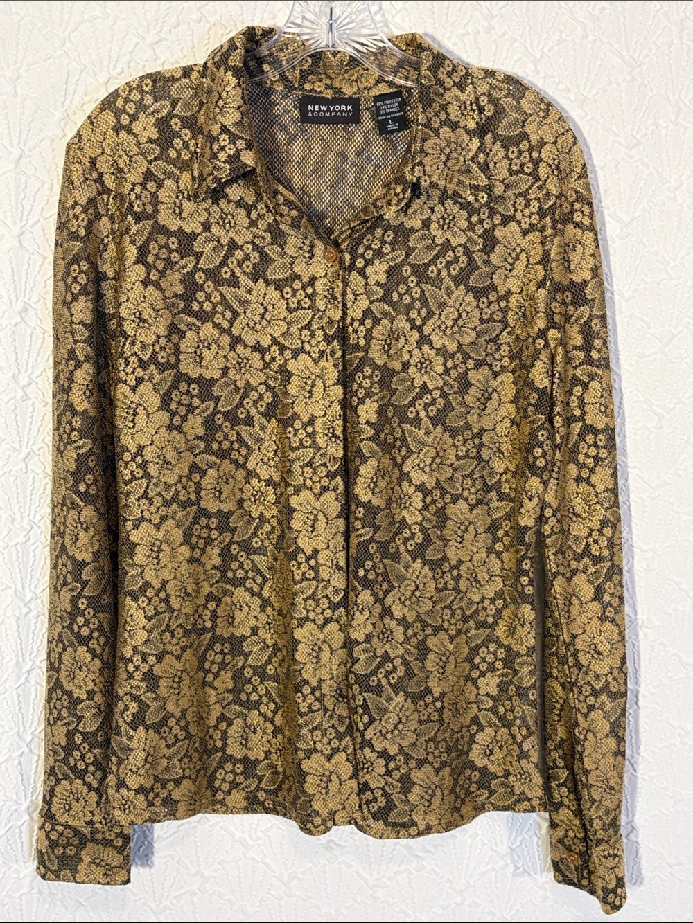 New York & Company Brown & Misty Gold Floral Lace-Print Button-Up Blouse